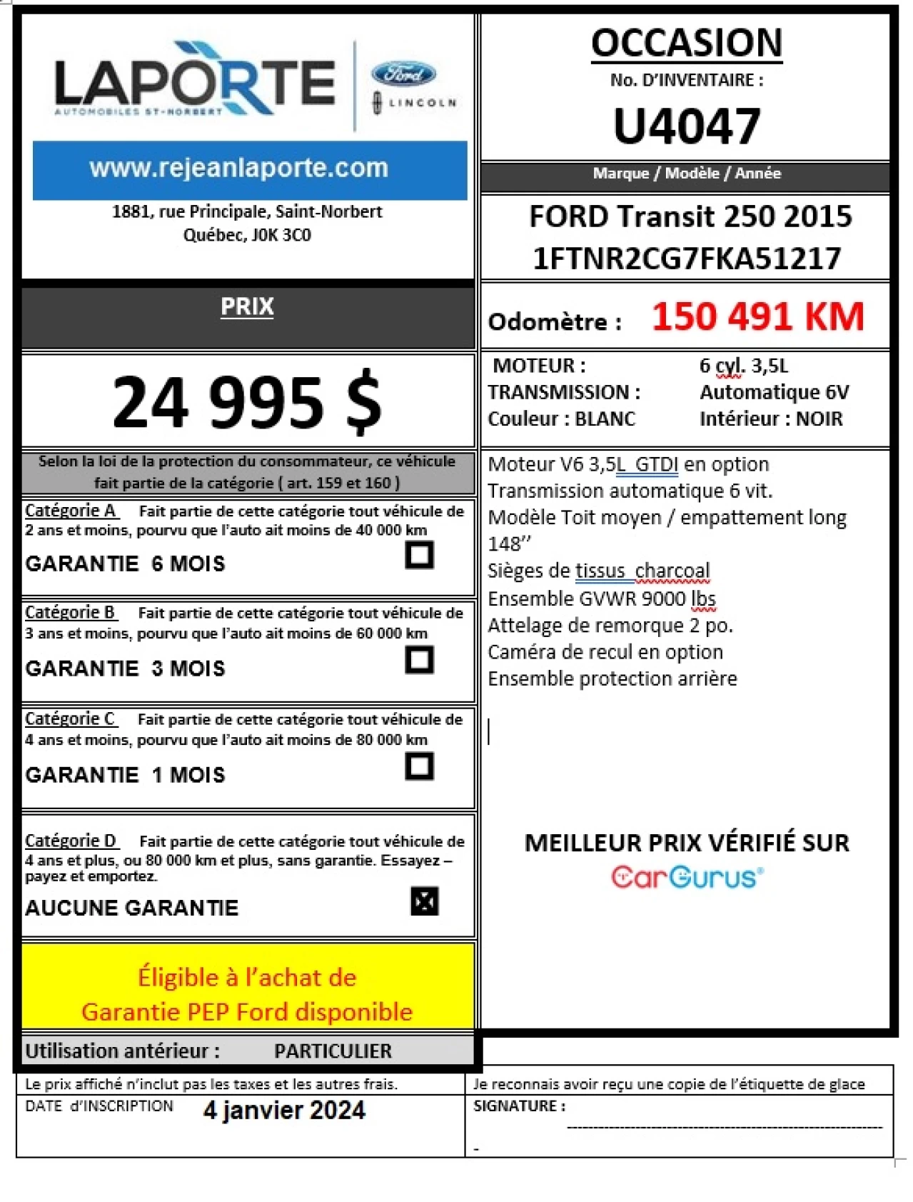 2015 Ford Transit fourgon utilitaire T-250 148" Med Rf 9000 GVWR Sliding RH Dr Main Image