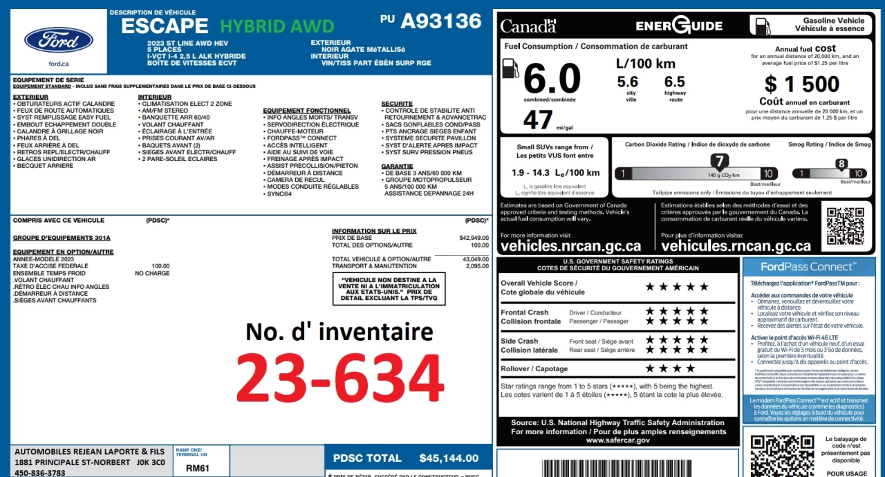 2023 Ford Escape ST-Line Hybride Image principale