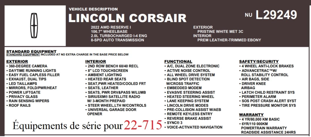 2022 Lincoln Corsair Reserve AWD Image principale